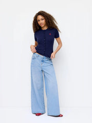 Cable Knit Wool-blend Round Neckline Cherry Embroidery Button Top