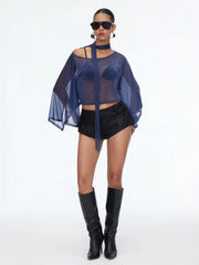 Sheer Glitter Chiffon Boat Neck Top with Scarf