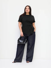 Cotton-blend Round Neckline Ruched Asymmetrical Hem Tee Curve & Plus