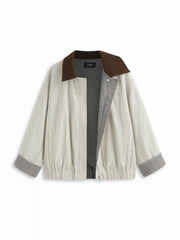 Cotton-Blend Gingham Colorblock Collar Zip Through Oversized Barn Jacket