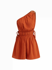 Asymmetrical Neckline Metal Detail Drawstring Knotted Romper