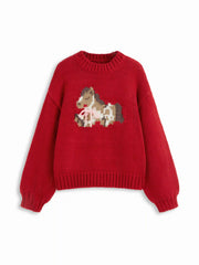 Knit Horse Jacquard Long Sleeve Bowknot Oversized Sweater