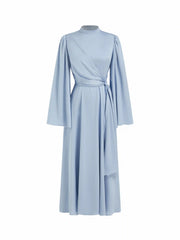 Satin Stand Collar Bell Sleeve Wrap Maxi Flared Dress