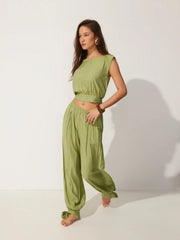 Textured Boat Neck Cut Out Knotted Top & Mid Rise Jogger Pants Set