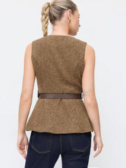 Wool-look Metal Button Round Neckline Blazer Vest With Belt