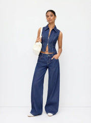 Denim Zip Through Metal Detail Top