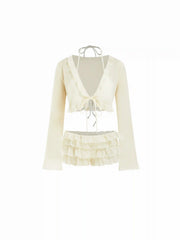 V-neck Triangle Tie Side Bikini Set With Ruffle Trim Cover Top & Layered Ruffle Shorts