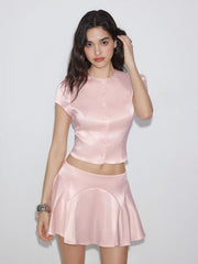 Satin Puff Sleeve Top & Mid Rise Flared Mini Skirt Set