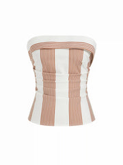 Linen-blend Strapless Geometric Stripe Ruched Top