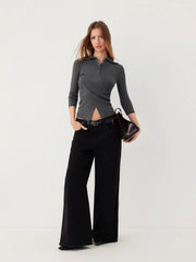 Knit Collar Cinched Waist Asymmetrical Hem Top