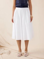 Cotton Mid Rise Draped Pleated Flared Midi Skirt