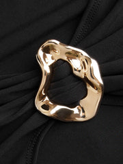 Round Neckline Metal Detail Ruched Asymmetrical Hem Maxi Dress