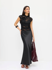 Lace Mandarin Collar Knotted Ruched See-through Cropped Top & Mid Rise Maxi Skirt Set