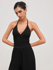 Halter Neckline Lace Trim Backless Ruched Jumpsuit
