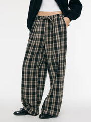 High Rise Elastic Waist Plaid Drawstring Wide Leg Trousers