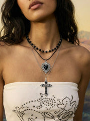 HEART & CROSS & BEADED LAYERED NECKLACE