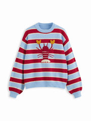 Knit Lobster Pattern Striped Round Neckline Oversized Sweater