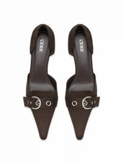 POINTED-TOE FAUX SUEDE BUCKLE HEELS