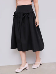 Mid Rise Bowknot Ruffle Solid Midi Skirt