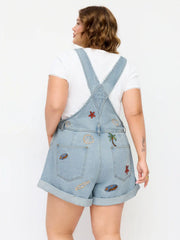 Denim Nature Embroidery Mid Rise Metal Detail Short Overalls Curve & Plus