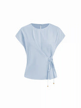 Asymmetrical Round Neckline Tie Front Short Sleeve Blouse With Metal Detail