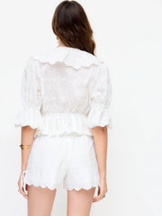 Cotton V-neck Middle Lantern Sleeve Ruffled Oversized Blouse
