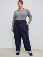 Knit Collar Solid Button Long Sleeve Top Curve & Plus