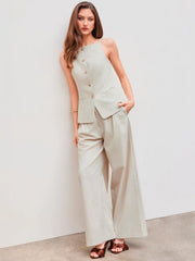 Linen-blend Square Neck Solid Blazer Vest