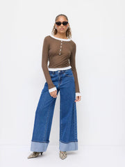 Wool-blend U-neckline Button Two Tone Long Sleeve Tee