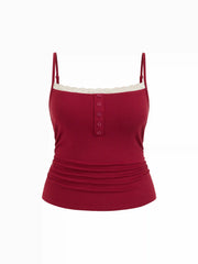 Lace Panel Ruched Henley Cami Top Curve & Plus