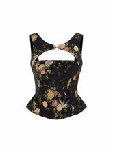 Jacquard Square Neck Floral Metal Detail Cut Out Shirred Tank Top