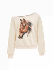 Terry Asymmetrical Neck Horse Graphic Oversized Sweatshirt