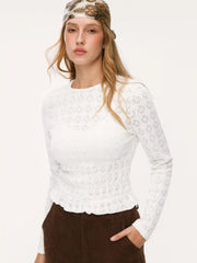 Texture Round Neckline Lace Hollow Out Ruched Top