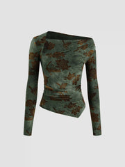 Asymmetrical Neck Floral Ruched Long Sleeve Blouse