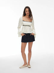 Jacquard Square Neck Bell Sleeve Lace Floral Ruffled Peplum Top