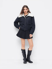 Corduroy Collar Bowknot Zip Through Oversized Jacket