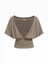 Boat Neck Batwing Sleeve Backless Drawstring Metal Detail Oversized Crop Tee