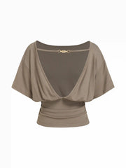 Boat Neck Batwing Sleeve Backless Drawstring Metal Detail Oversized Crop Tee