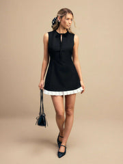 Round Neckline Colorblock Knotted A-line Mini Dress