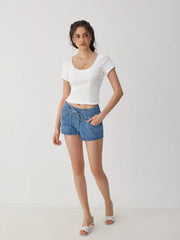 Cotton-blend Scoop Neck Lace Panel Lace Trim Short Sleeve Tee