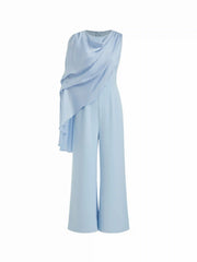 Asymmetrical Draped Cape Round Neck Wide Leg Jumpsuit