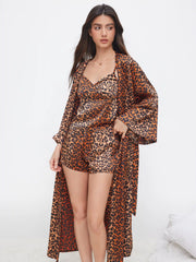 Three-piece Satin Leopard Print V-neck Cami Top & Mid Rise Loungewear Shorts & Robe With Belt