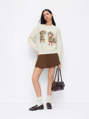 Knit Wool-blend Dog Graphic Long Sleeve Oversized Sweater