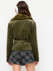 Corduroy Faux Fur Trim Collar Jacket With Belt