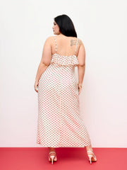 Satin Polka Dot V-Neck Ruffle Maxi Dress Curve & Plus