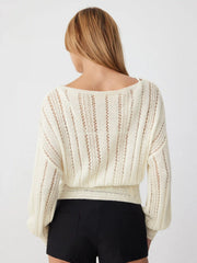 Knit Fabric Boat Neck Crochet Shirred Long Sleeve Top