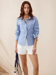 Linen-blend Stripe Collar Twist Knotted Regular Long Sleeve Blouse