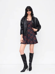 Square Neck Plaid Flared MIni Dress