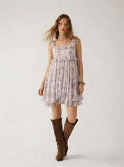 Chiffon Floral Square Neck Tiered Ruffle Hem Mini Dress