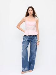 Washed Denim Low Rise Floral Wide Leg Jeans